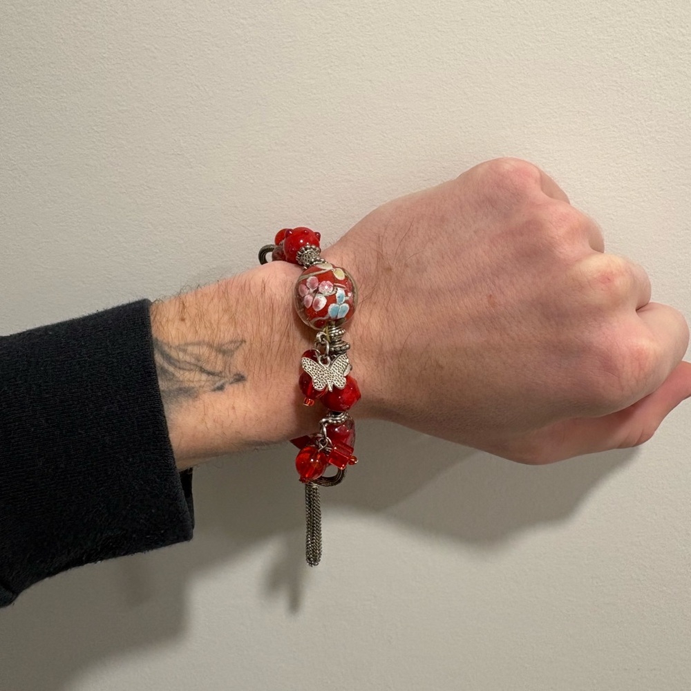 Red Beaded Bracelet with Charms Butterfly Angel Floral Pattern